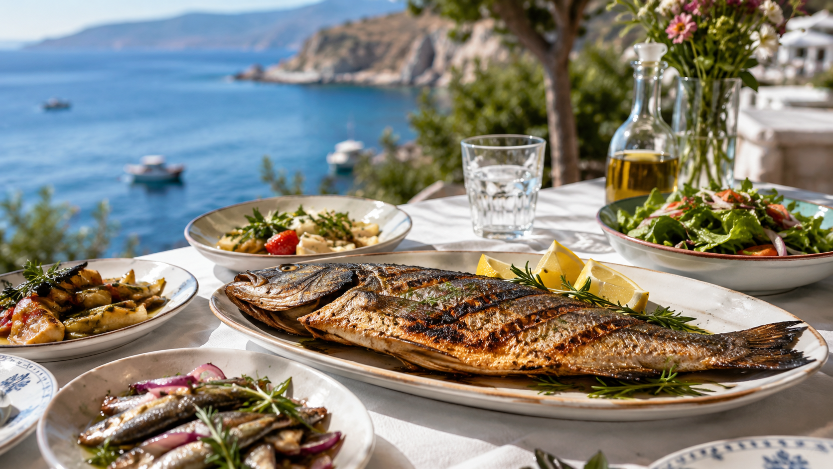 Turkish coastal seafood table with grilled fish, lemon, herbs, salad, and Aegean sea view