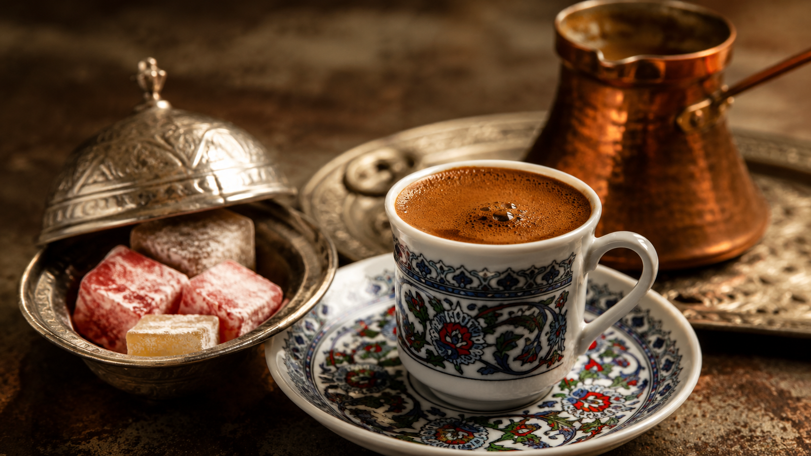 Turkish coffee served with cezve, lokum, patterned saucer, and rich foam