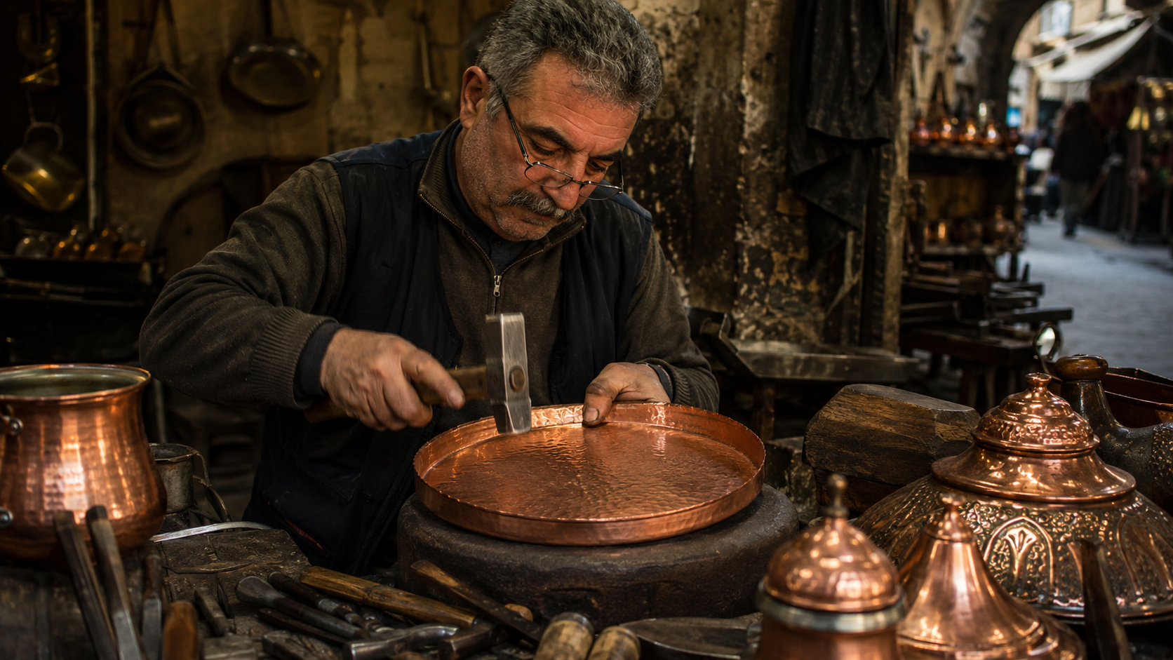 Turkish crafts and arts: Turkish coppersmith hammering a copper tray in a traditional bazaar workshop