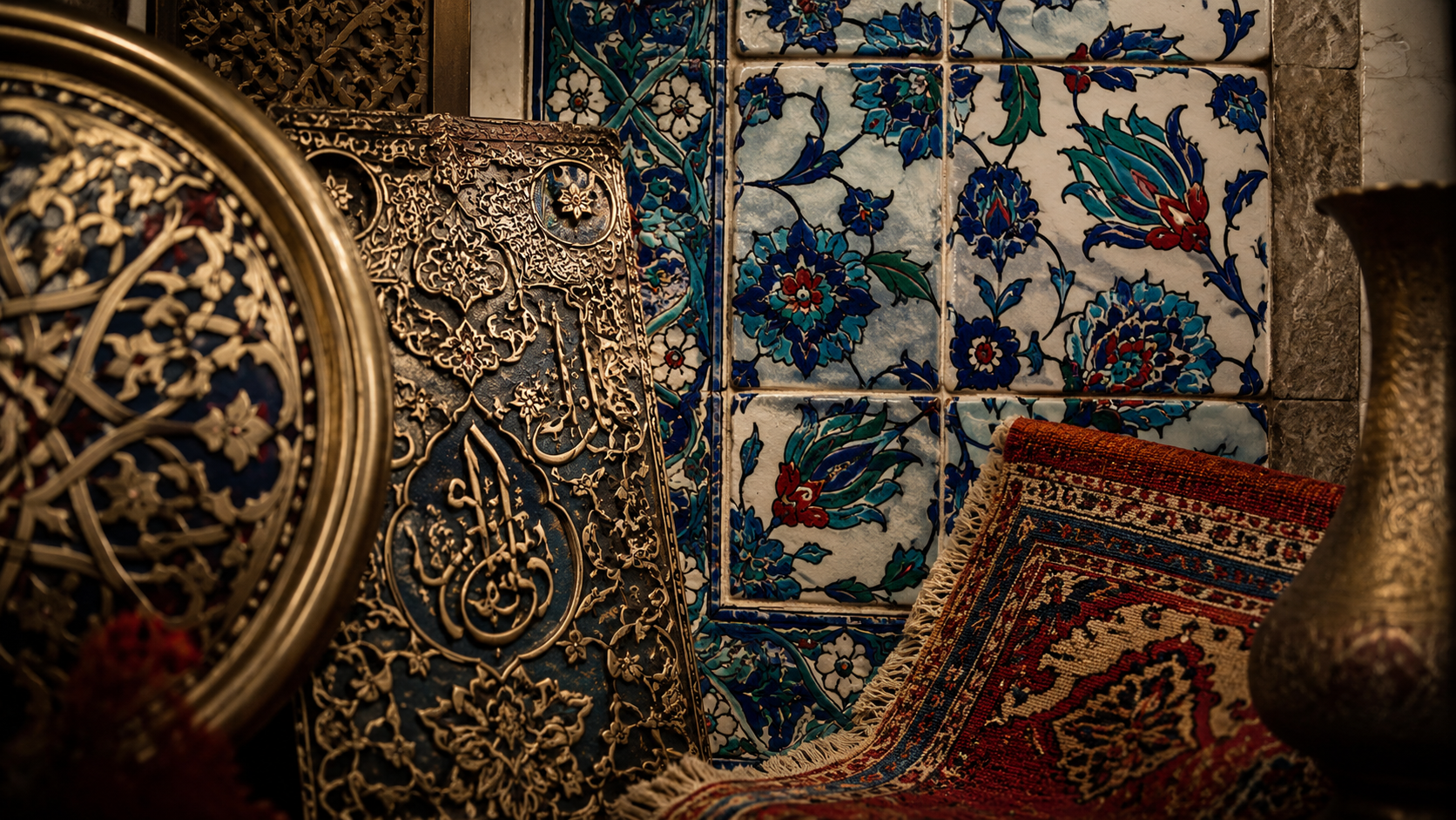 Layered Turkish craft motifs with geometry, floral patterns, calligraphy, tiles, and carpets