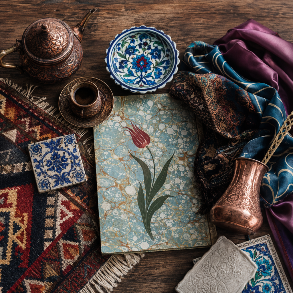 Turkish carpets, ceramics, ebru paper, calligraphy tools, and copperware in an artisan atelier