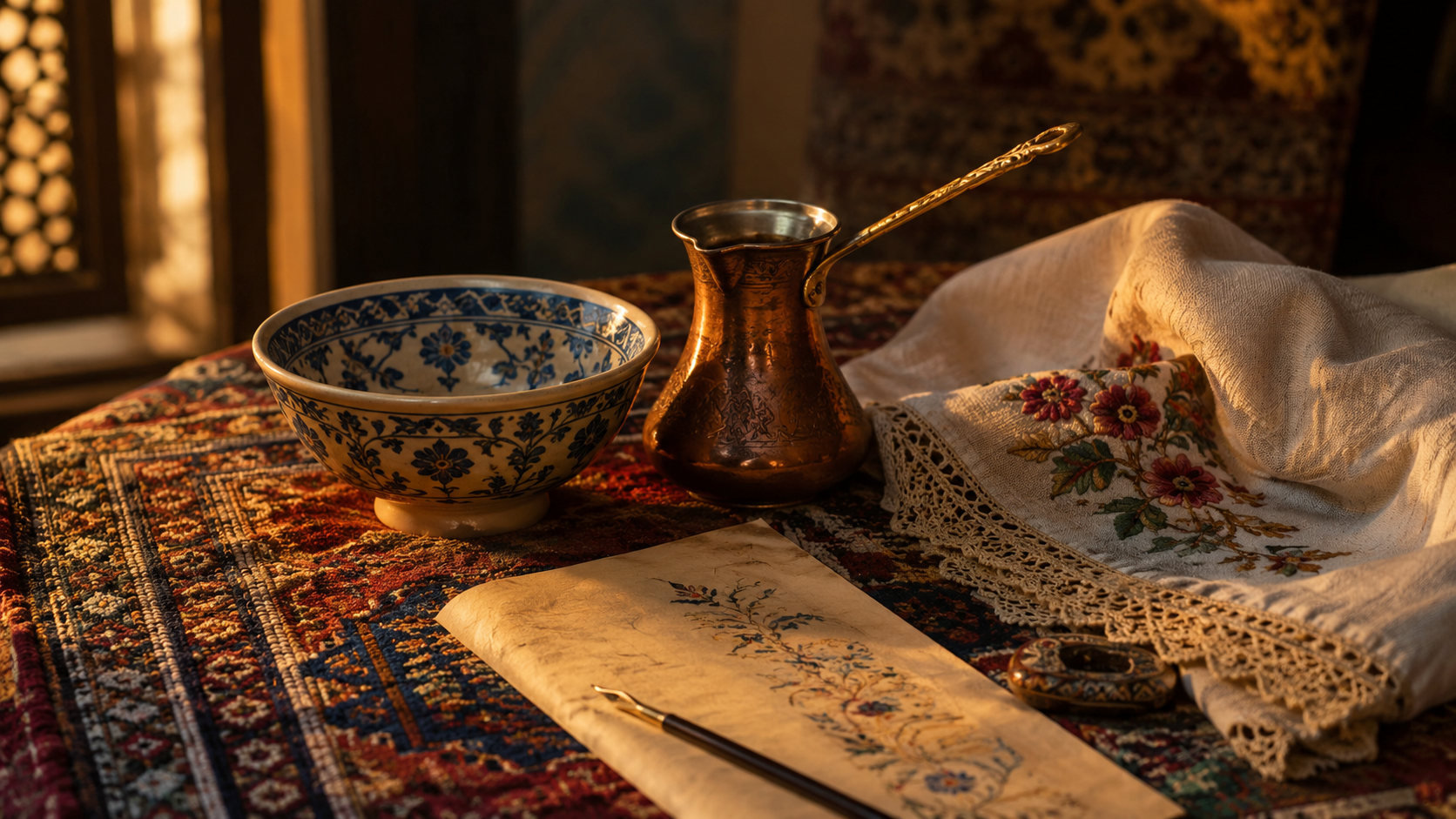 Turkish craft still life with carpet, ceramic bowl, copper cezve, embroidery, and calligraphy paper