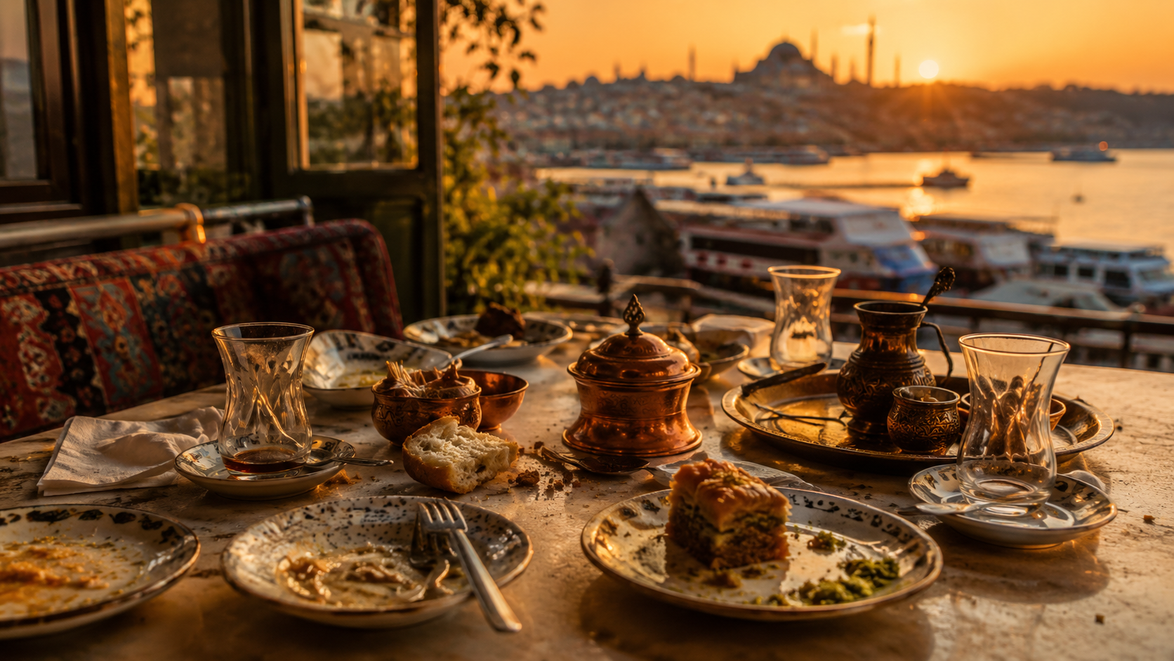 Turkish restaurant table after a meal with tea glasses, bread crumbs, dessert plates, and copperware