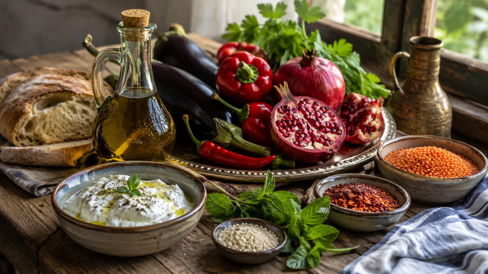 Turkish cuisine ingredients including olive oil, vegetables, yogurt, herbs, spices, grains, and bread