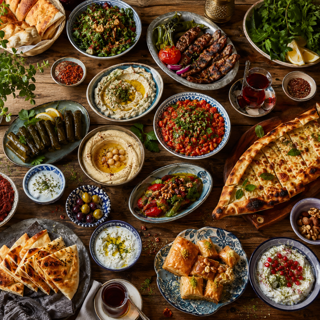 Overhead view of a Turkish feast with meze, grilled dishes, pide, herbs, tea, and desserts