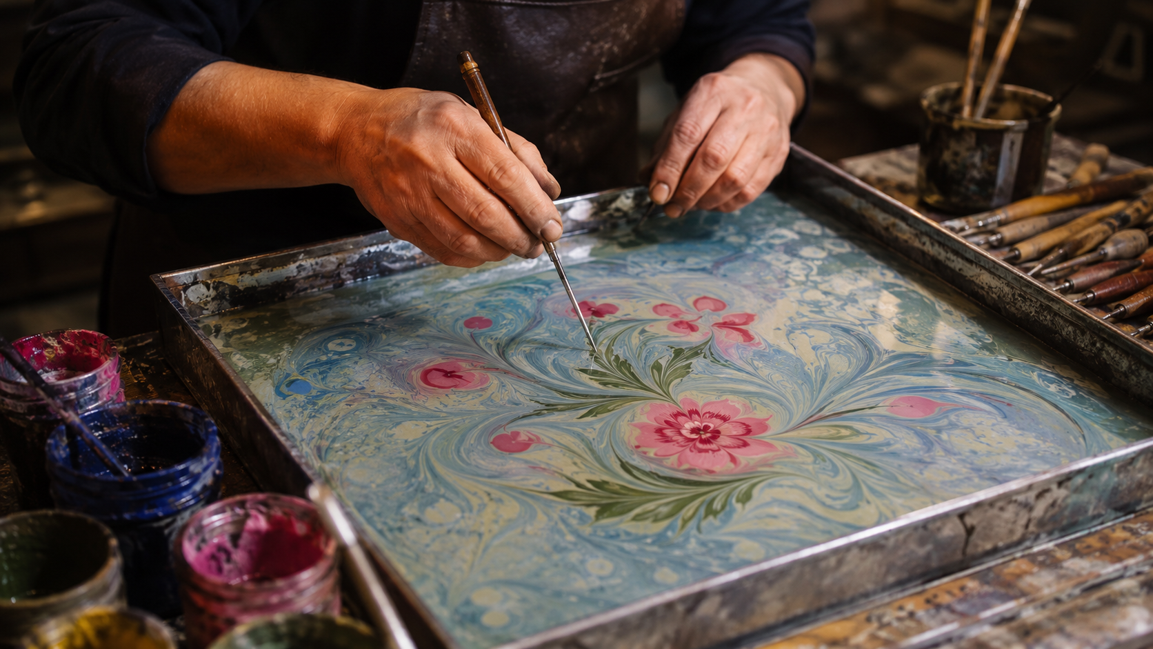 Turkish crafts and arts: Turkish ebru artist creating marbled patterns on water with floating pigments