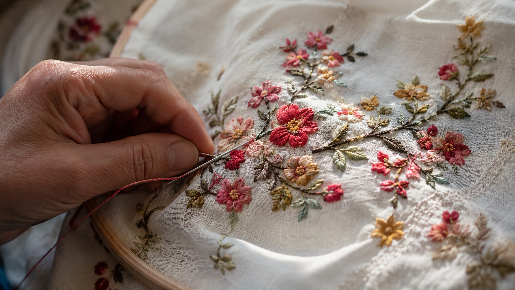 Turkish crafts and arts: Close-up of Turkish embroidery with delicate floral motifs and silk threads