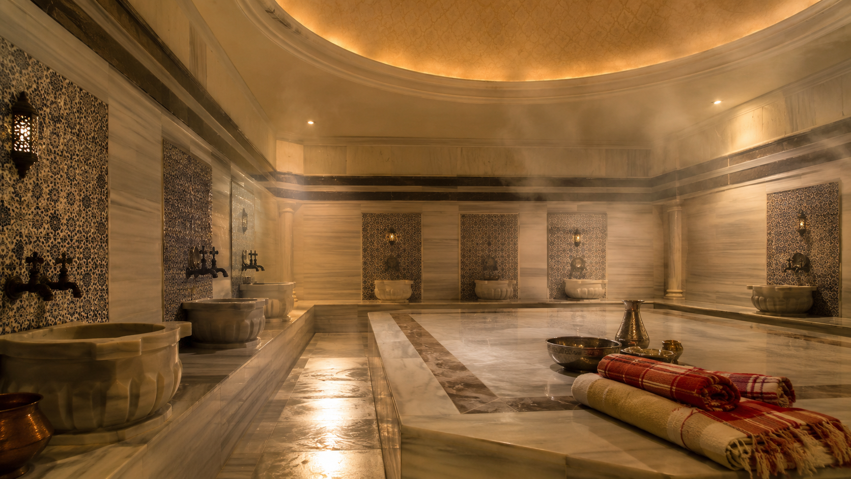 Calm Turkish hamam interior with marble basins, steam, towels, and domed ceiling