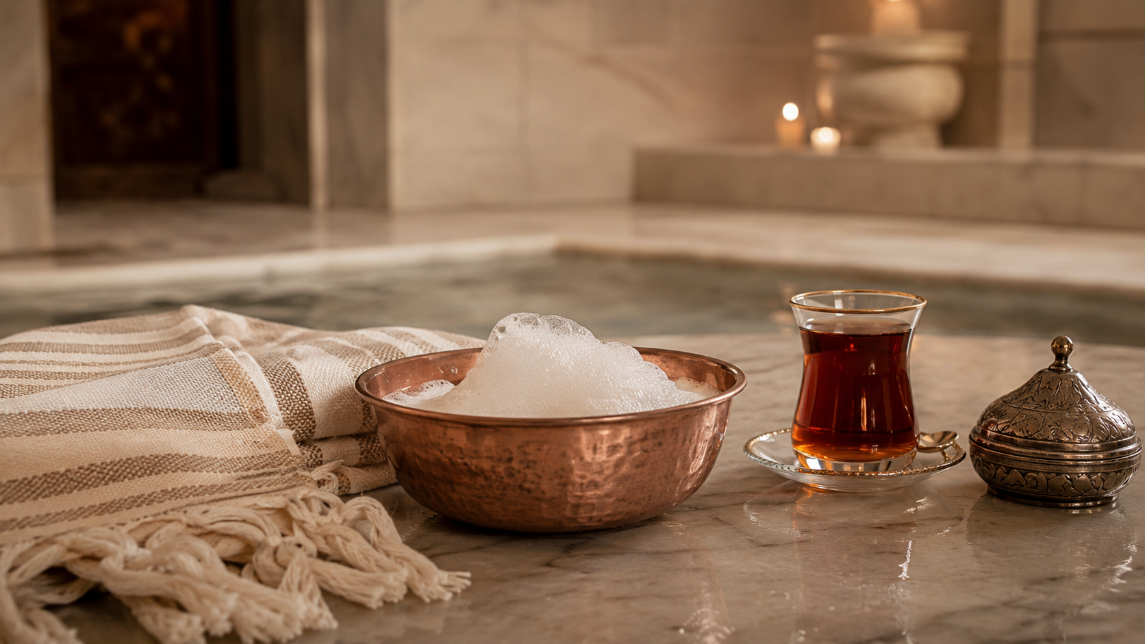 Turkish hamam still life with pestemal towel, copper bowl, soap foam, and tea glass