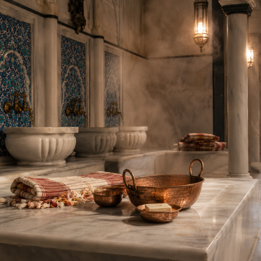Turkish hamam with marble, steam, kurna basins, pestemal towels, and copper bowls