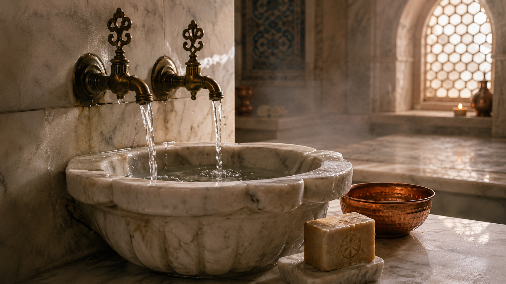 Old marble basin with flowing water, soap, and copper bowl symbolizing Turkish hamam tradition