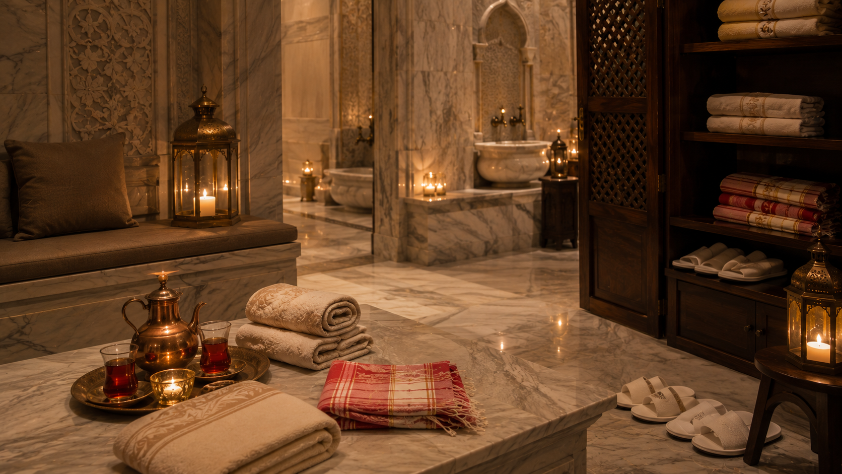 Turkish hamam waiting area with folded towels, tea glasses, slippers, and marble benches