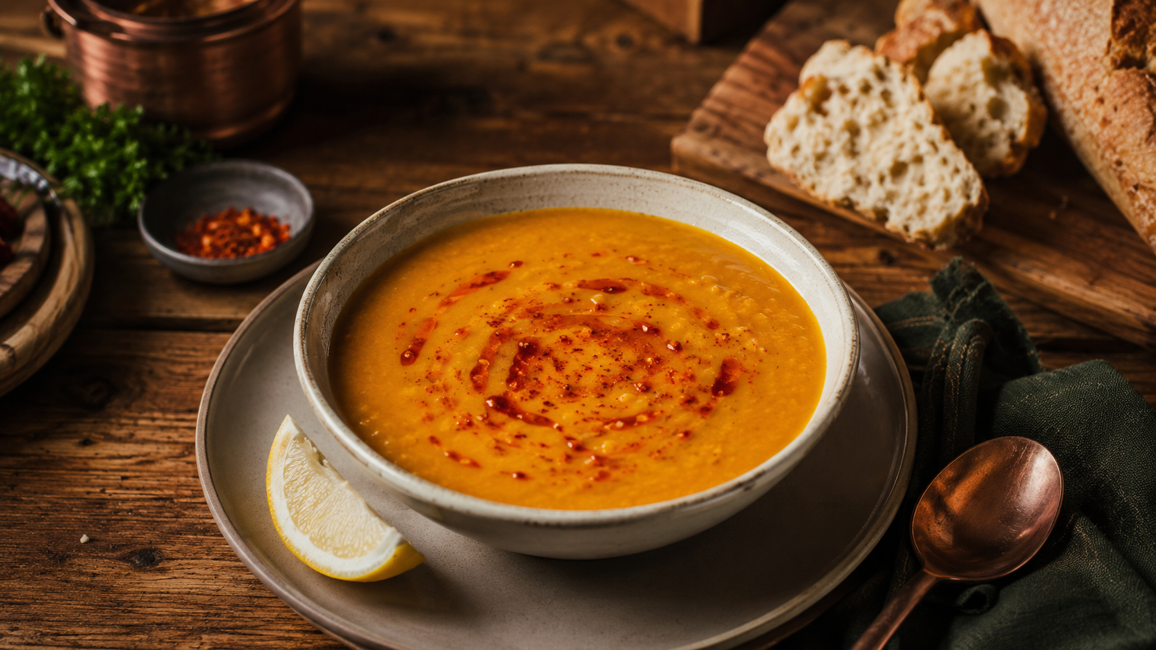 Turkish lentil soup with lemon, paprika oil, bread, and copper spoon