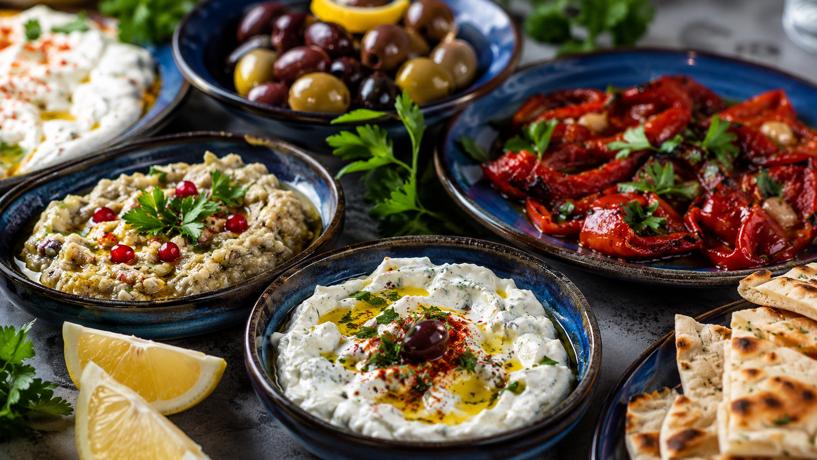 Close-up of Turkish meze plates with herbs, lemon, yogurt, roasted peppers, and flatbread