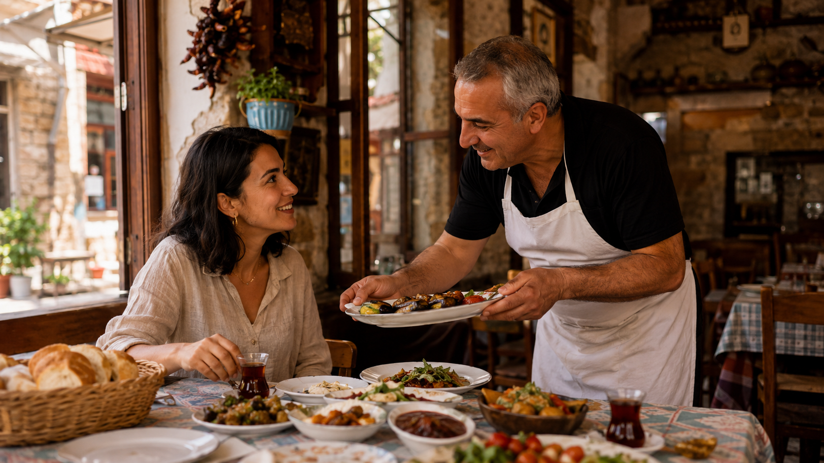 Local Turkish cook welcoming a traveler to a table with meze, bread, tea, and grilled dishes