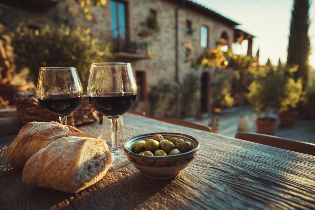 Agritourism in Italy: a traditional stone agriturismo farmhouse in Tuscany surrounded by vineyards and cypress trees.