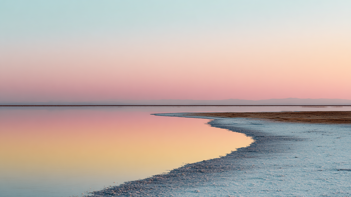 Natural wonders of Turkey: Tuz Gölü Salt Lake with white salt surface and pastel sunset sky