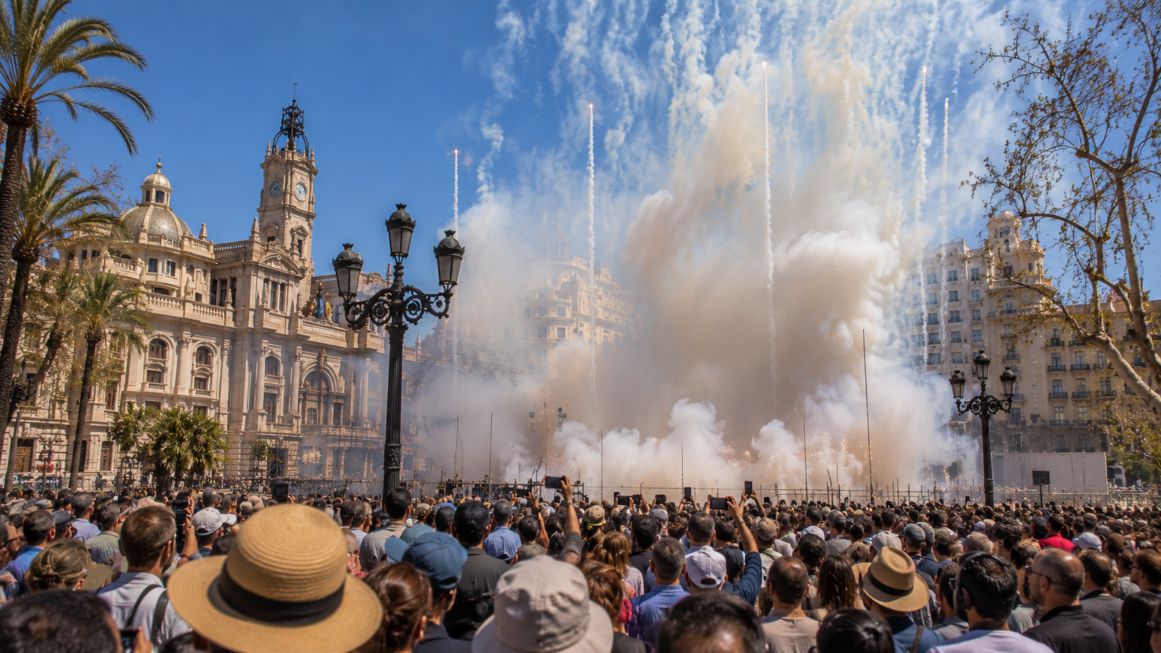 Mascletà fireworks smoke rising above a crowded Valencia plaza.