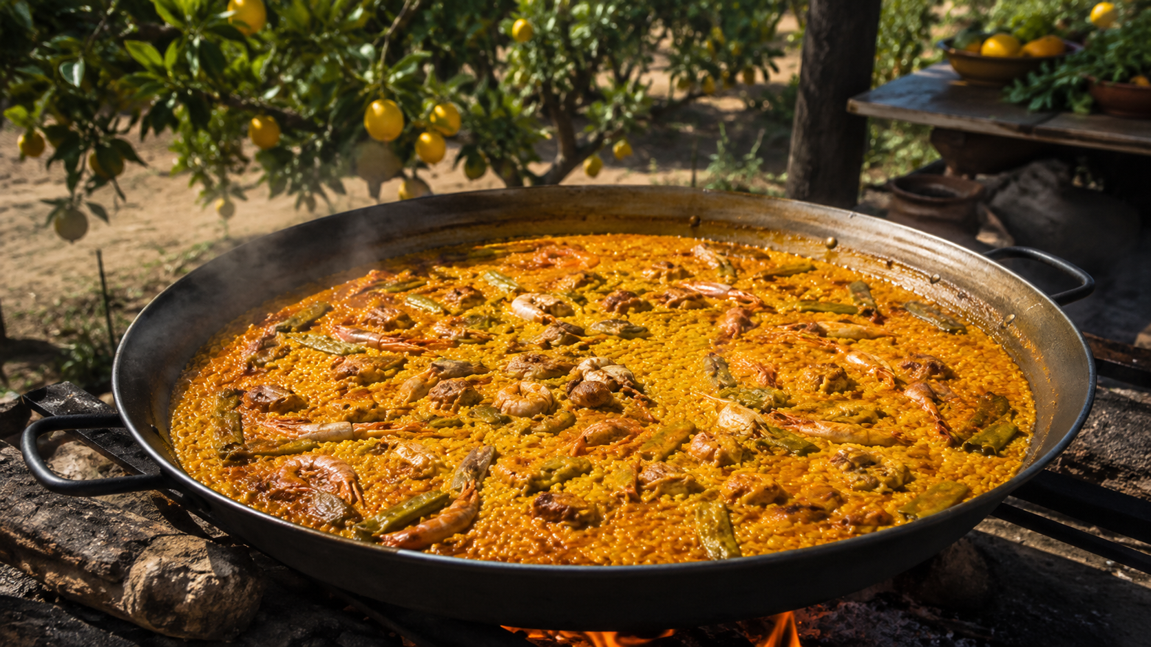 Traditional Valencian paella cooking outdoors near citrus trees.
