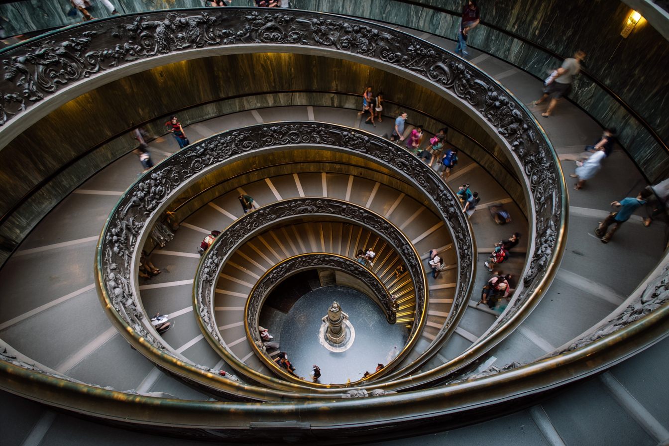 The famous spiral Bramante Staircase inside the Vatican Museums in Rome.