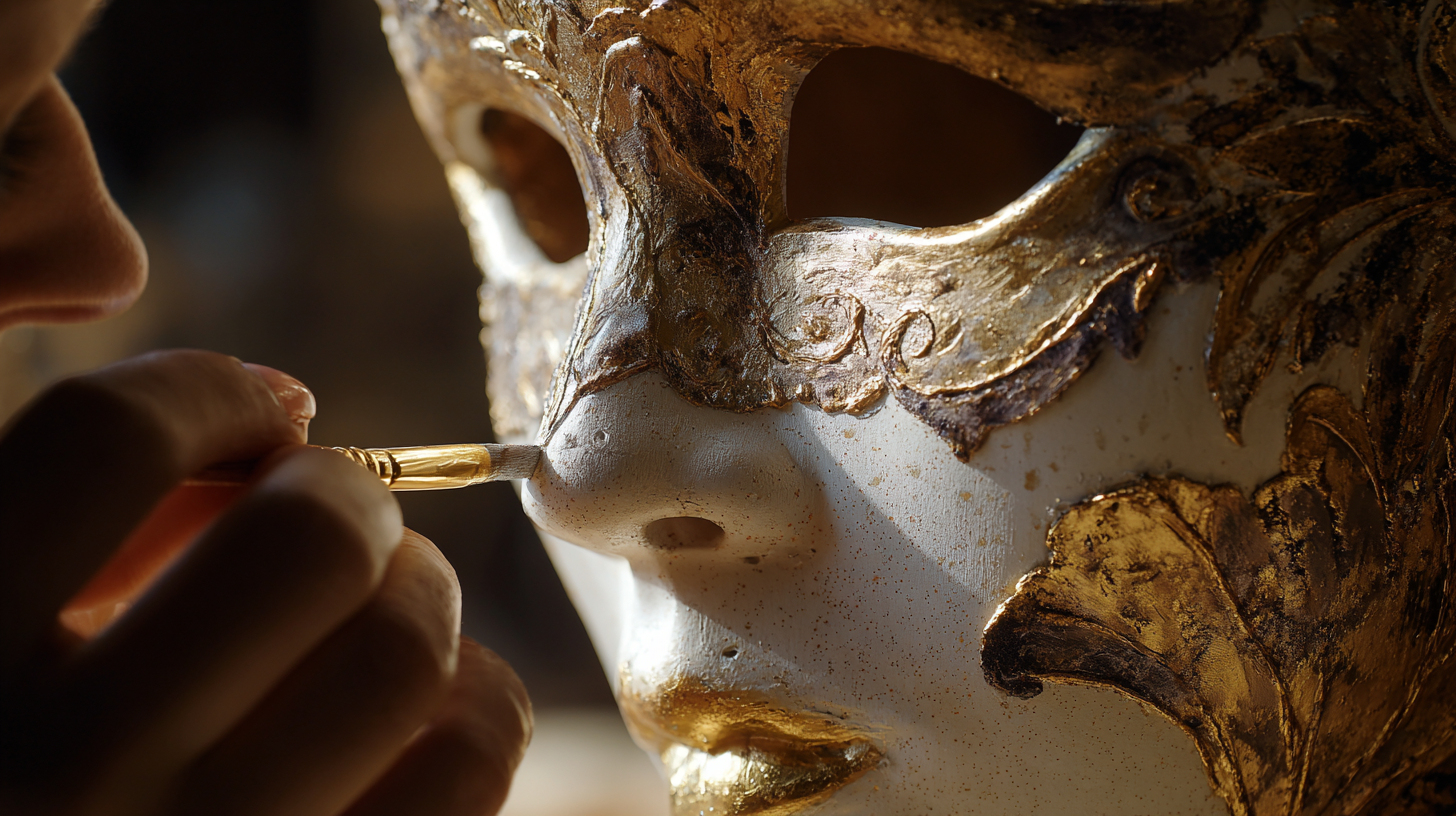 Close-up of a Venetian mask being decorated.