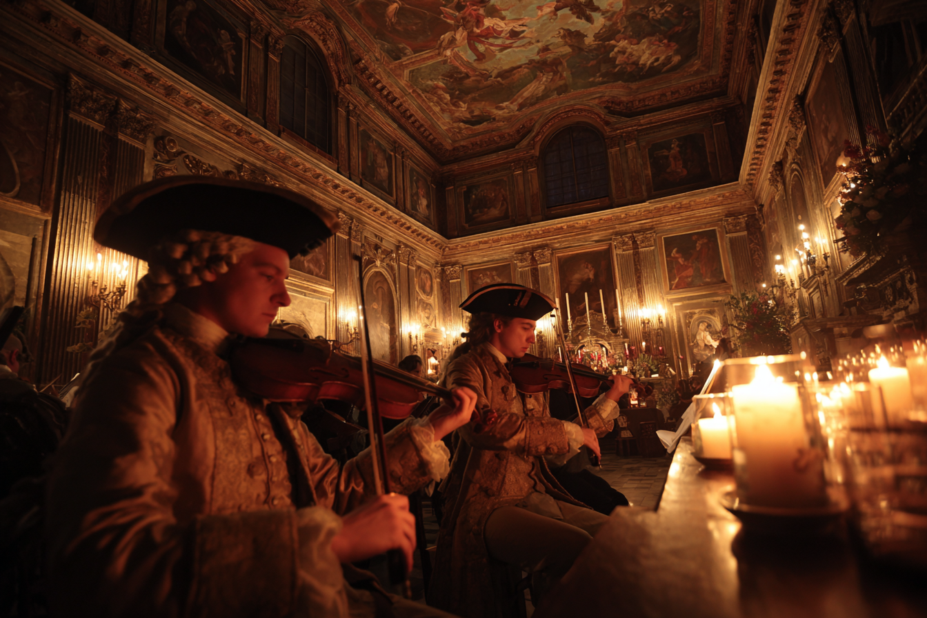 A classical music concert featuring Vivaldi's music in a historic baroque church in Venice.