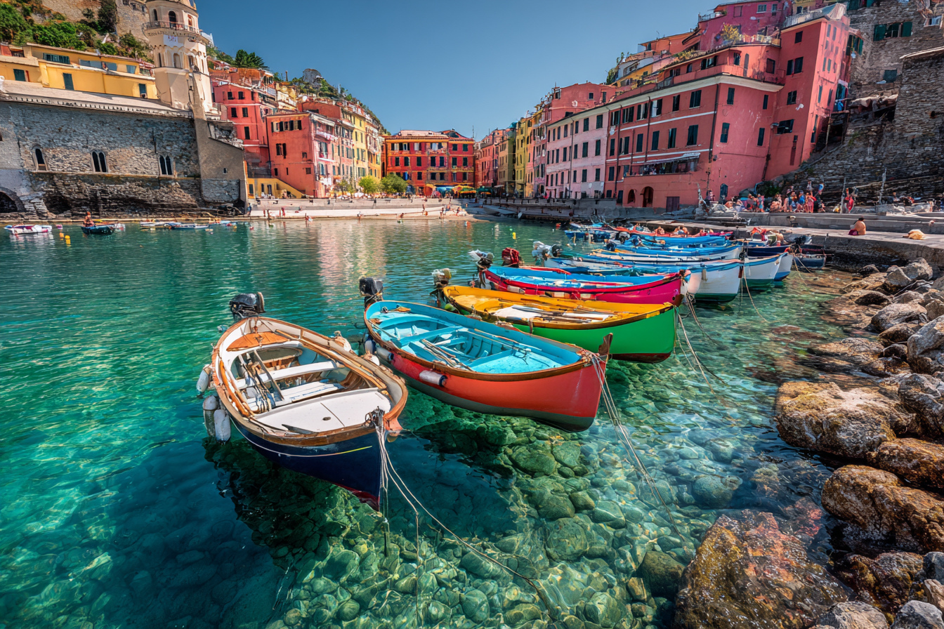 Colorful fishing boats in the harbor of Vernazza, Cinque Terre, a top destination for coastal hiking.