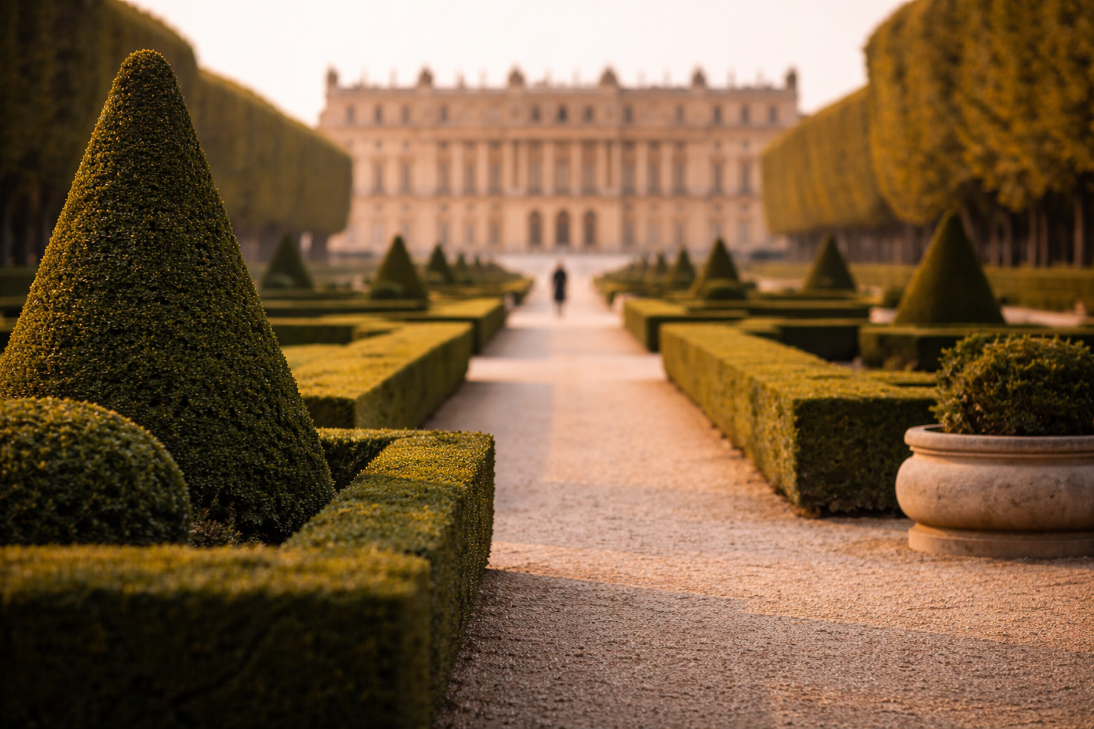 Symmetrical garden lines and gravel paths evoke Versailles as a stage of power.
