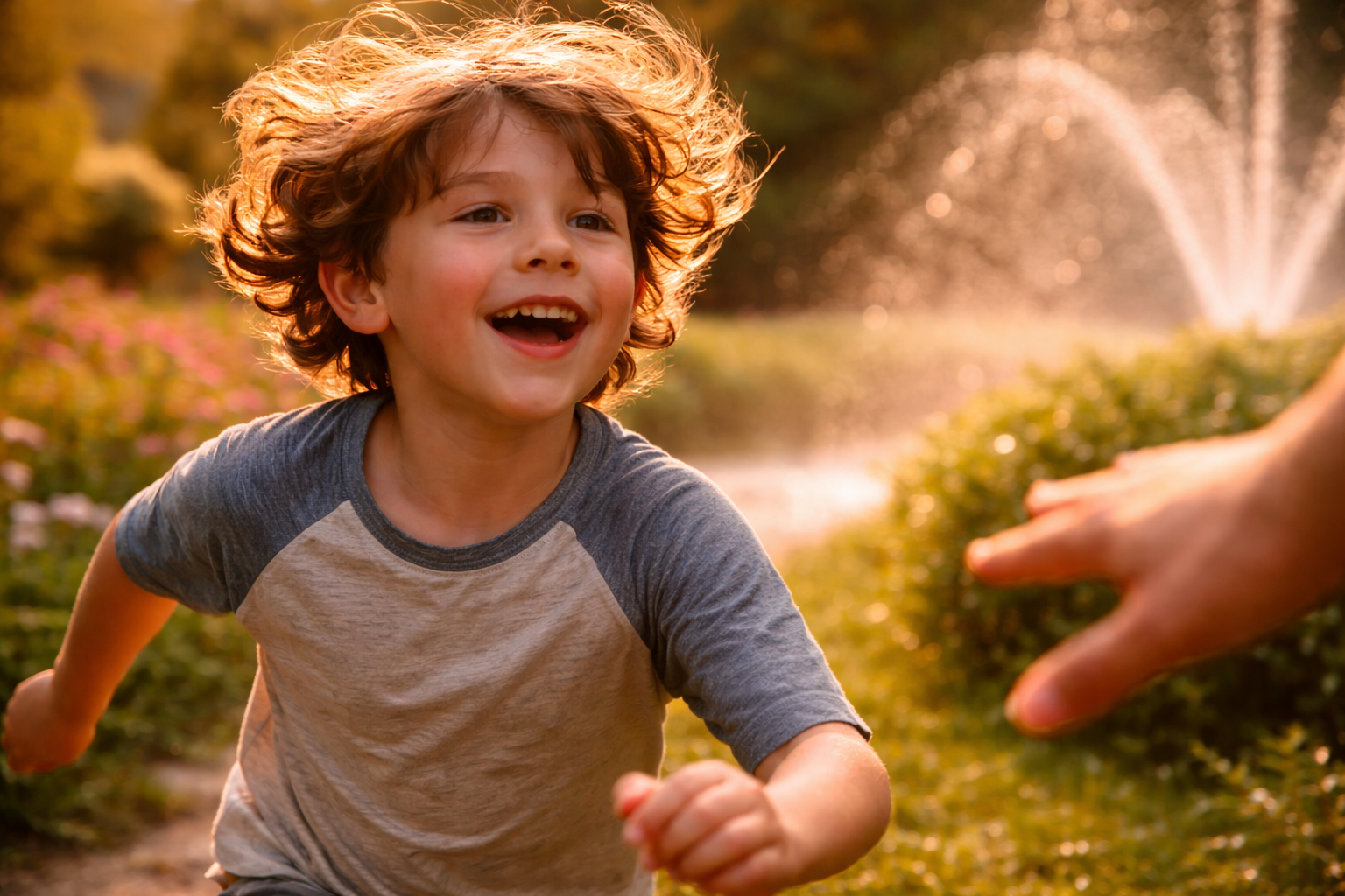 Child’s joyful close-up in Versailles-style gardens with fountain bokeh.