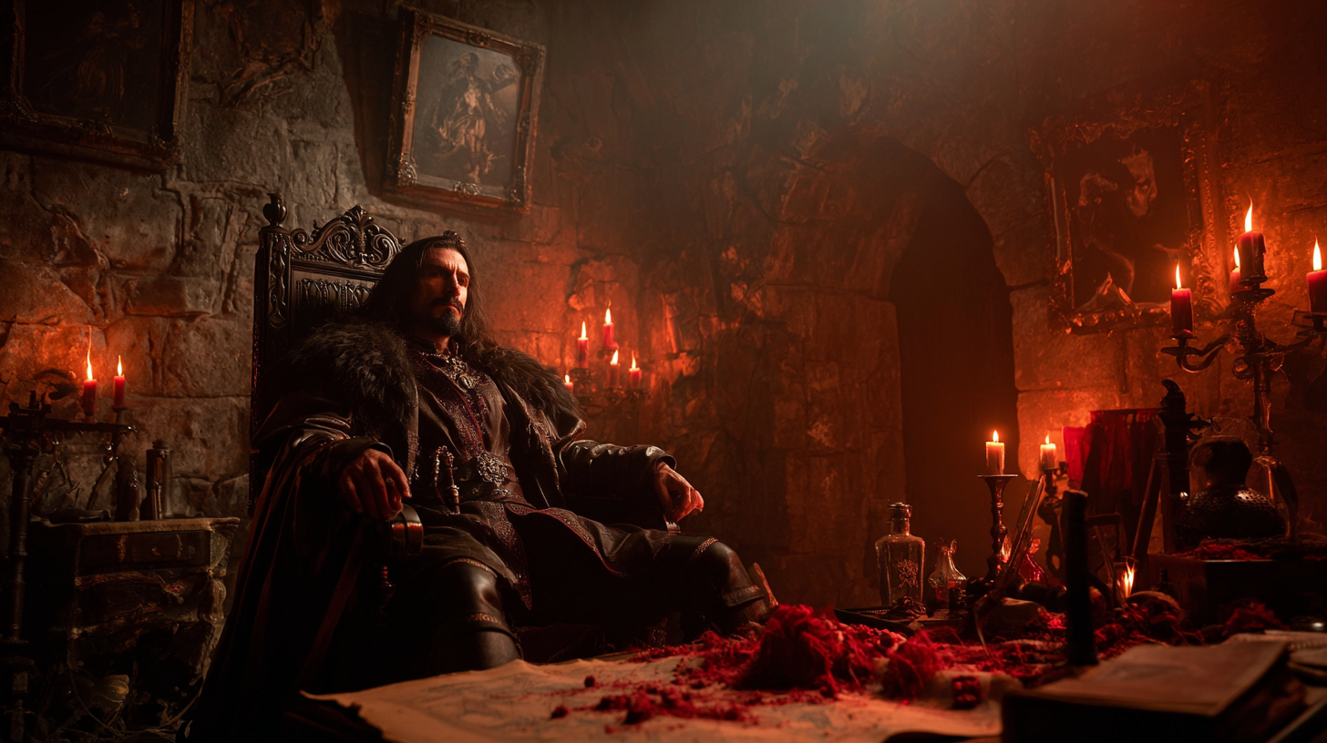 Vlad the Impaler imagined in a candlelit medieval chamber.