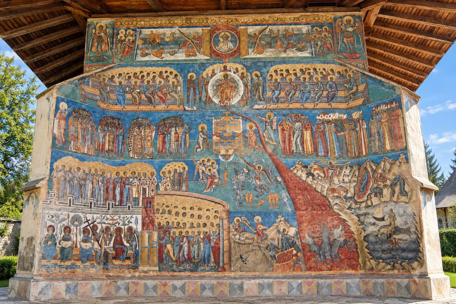 Last Judgment fresco on the exterior wall of Voroneț Monastery