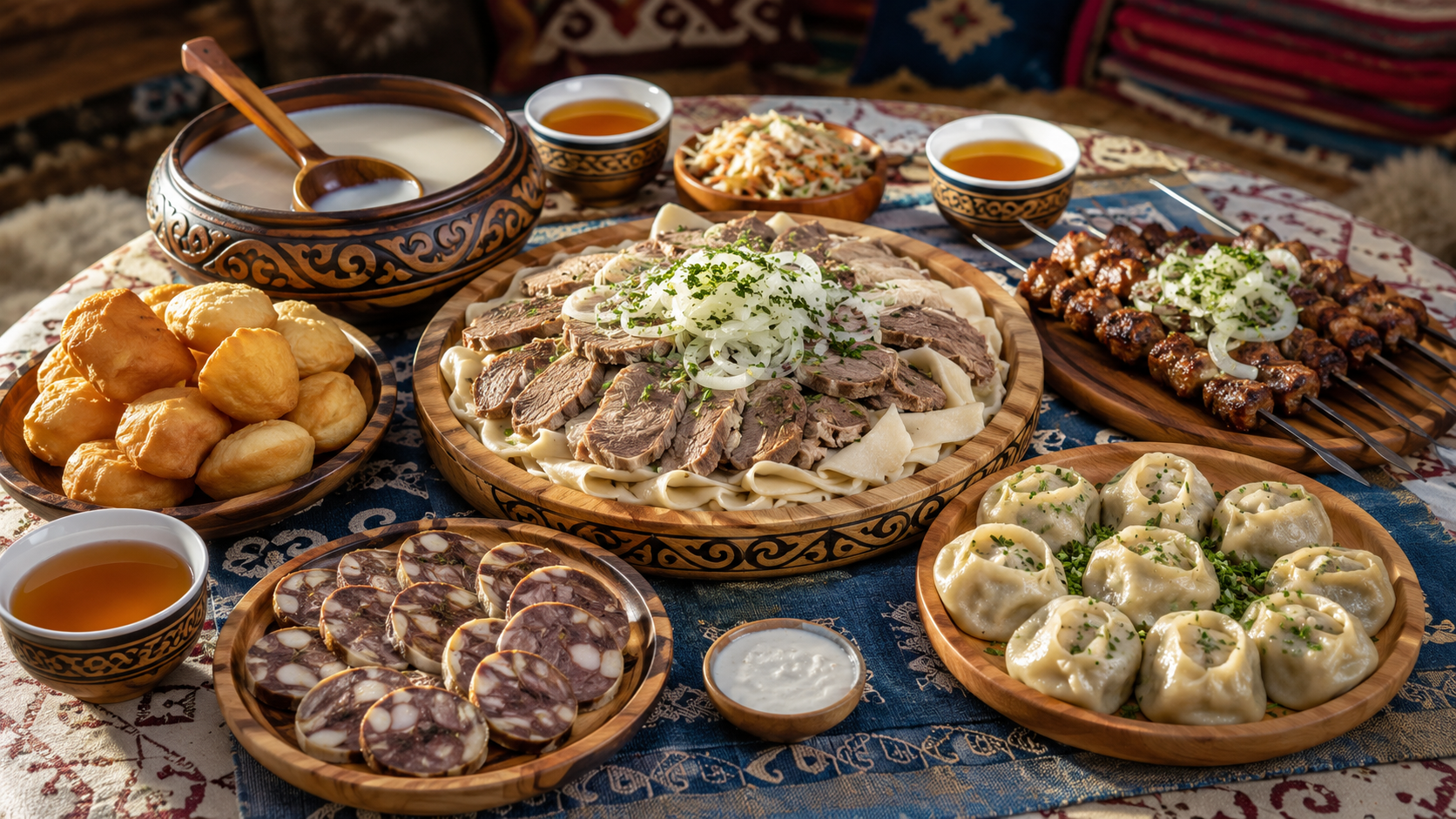 Kazakh tasting table with beshbarmak, baursak, shashlik, kazy, manty, tea, and kumis.