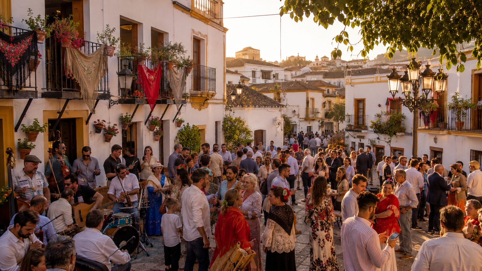 Spanish town plaza filled with people gathering for a local festival.