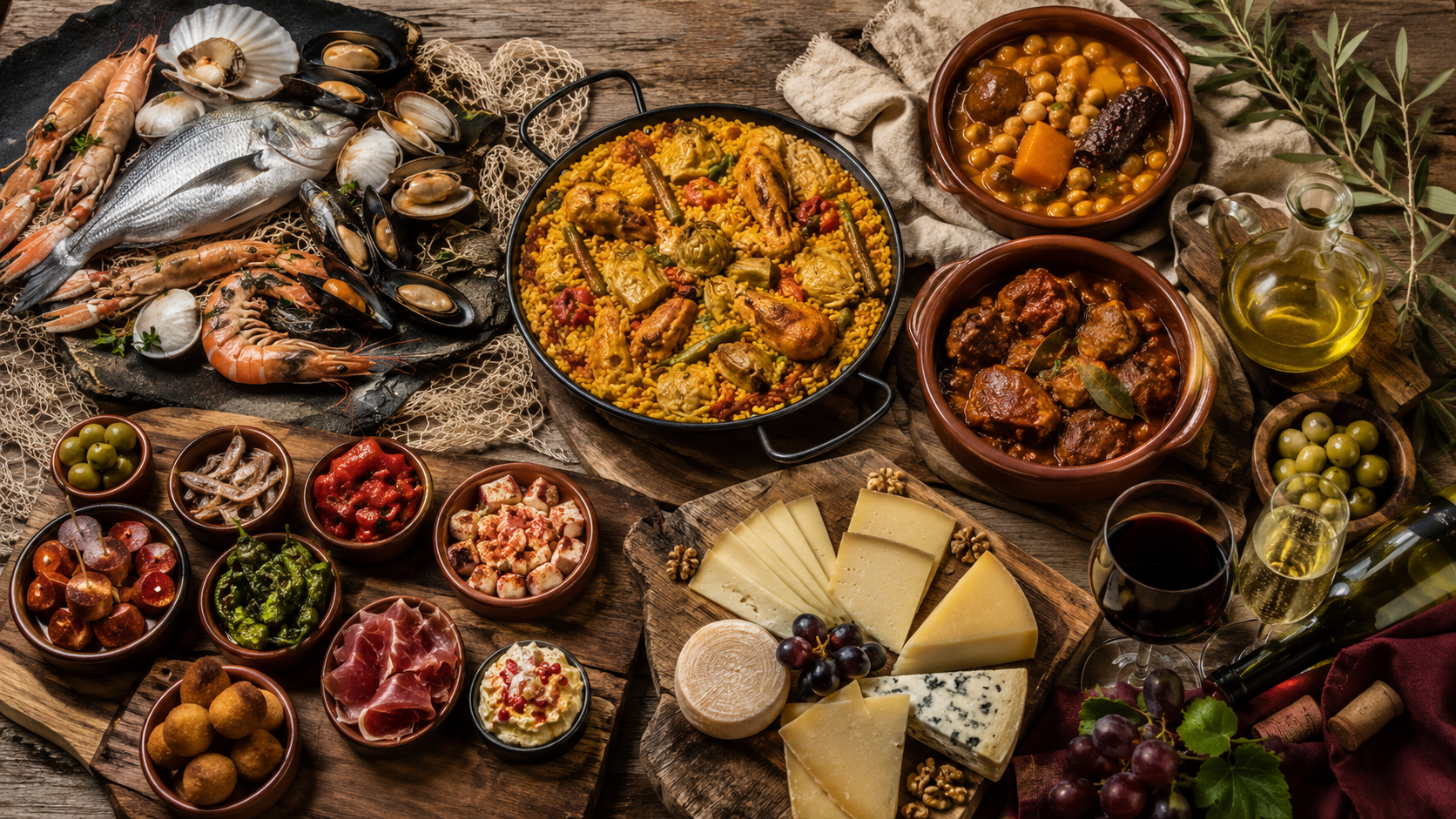 Assorted Spanish regional cuisine dishes showing the diversity of food across Spain.