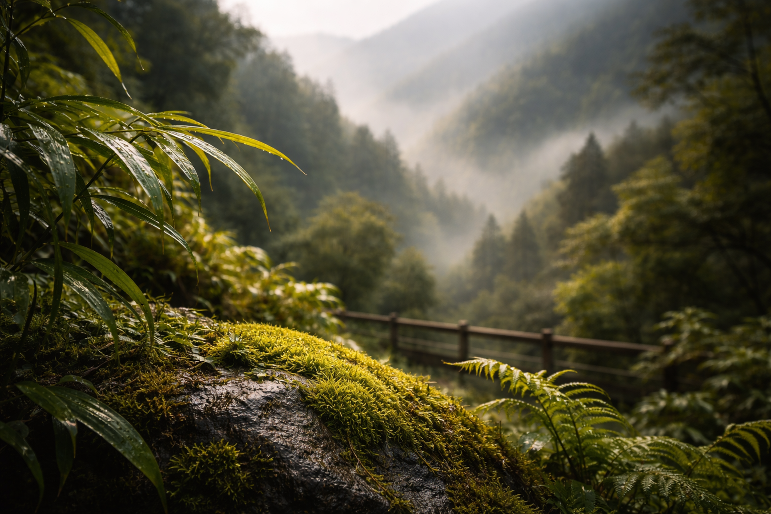 Mountain habitat textures and misty forest atmosphere in Wolong.