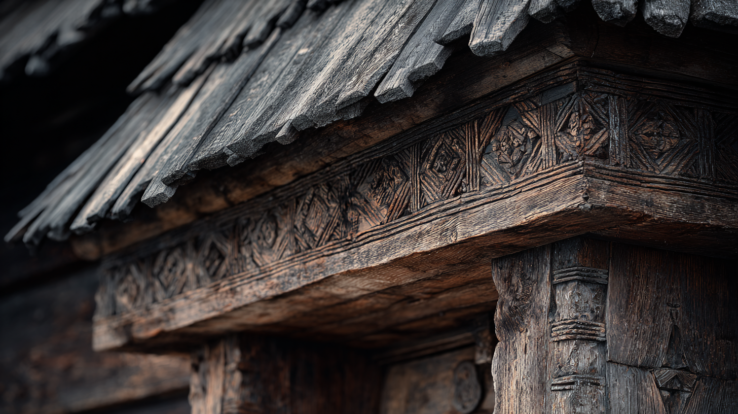 Close-up of timber detail and carved entrance on a wooden church in Maramures.