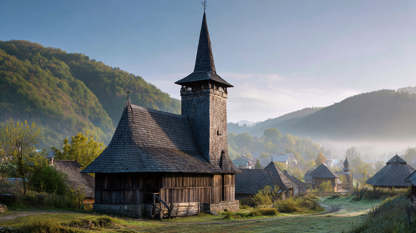 Wooden church of Maramures with tall slender tower and shingled roof.