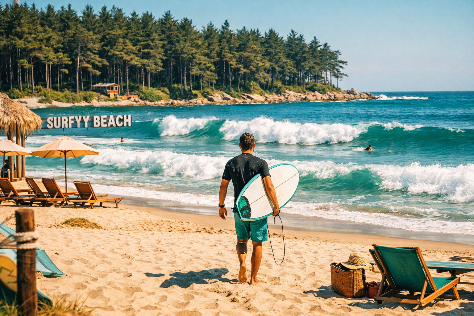 Surfers riding waves at Yangyang Surfyy Beach, a highlight of any South Korea adventure guide.