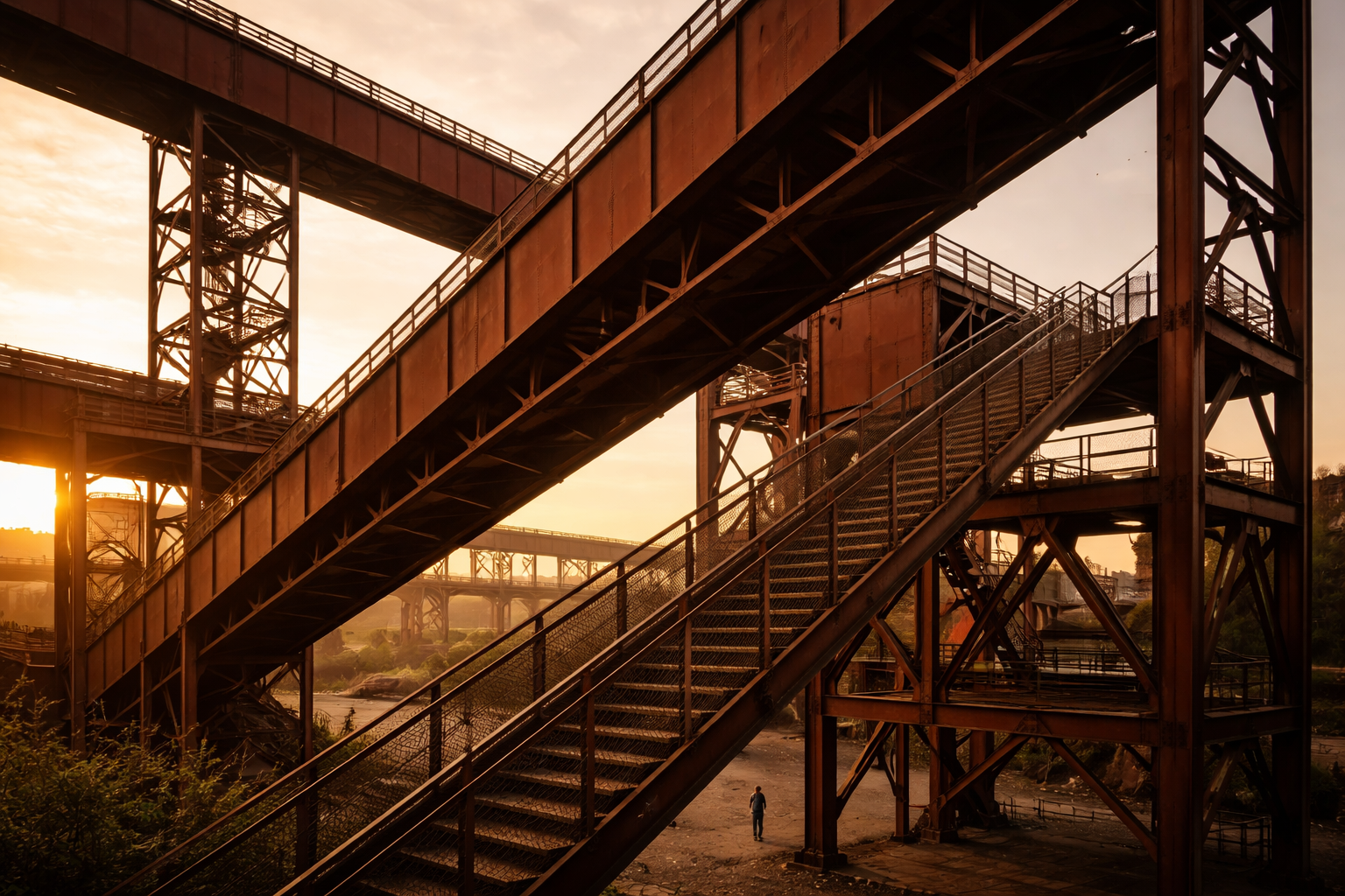 Sculptural industrial geometry at Zollverein in warm evening light.