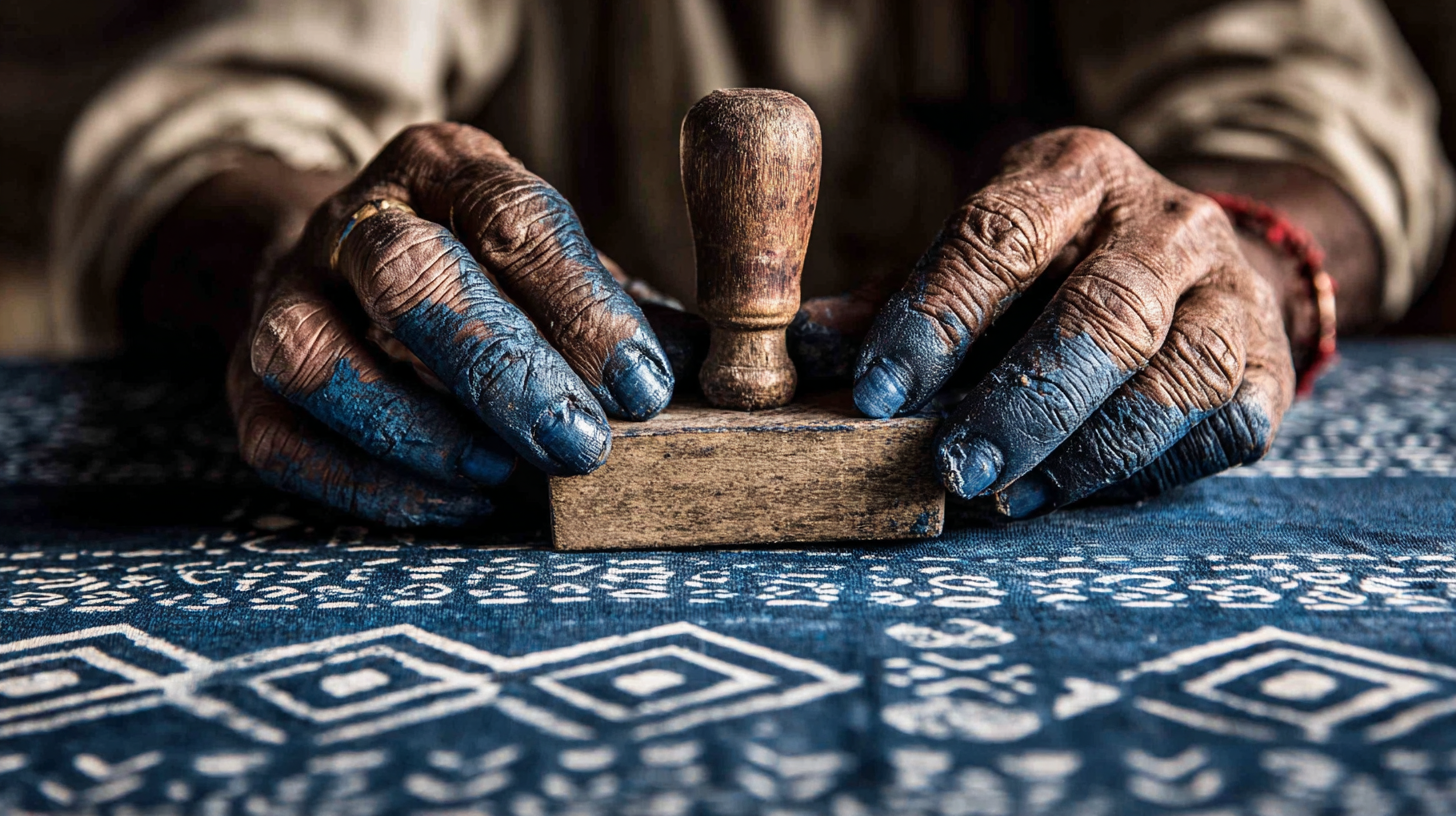 Sindhi artisan block-printing Ajrak patterns with indigo dye.