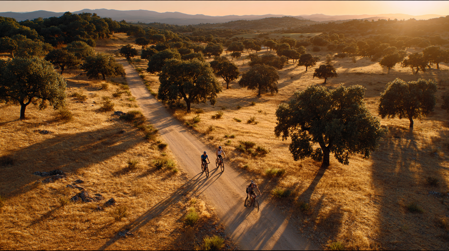 Cyclists riding through cork-oak landscapes in Alentejo.