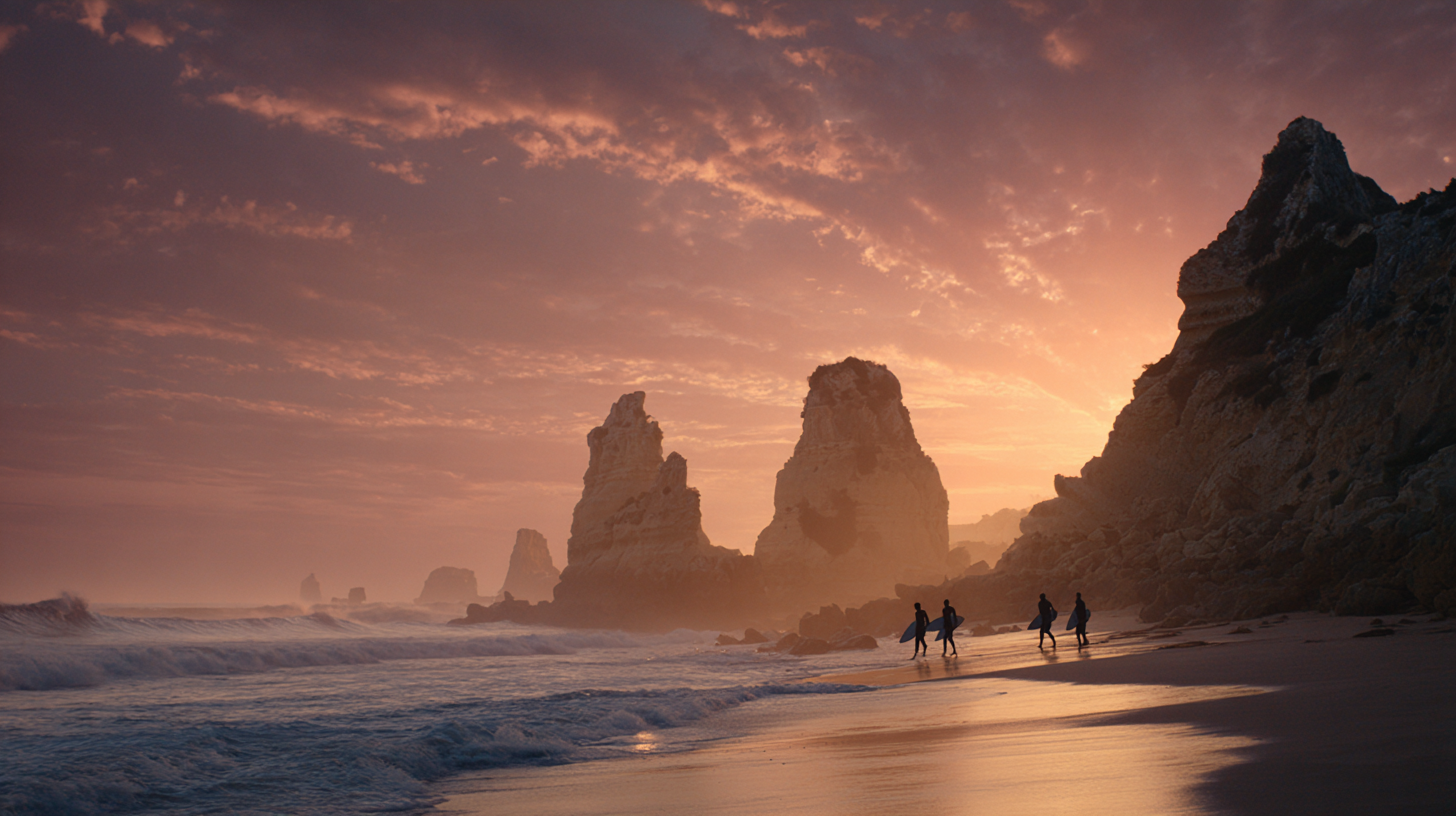 Surfers walking along Algarve cliffs at sunset.