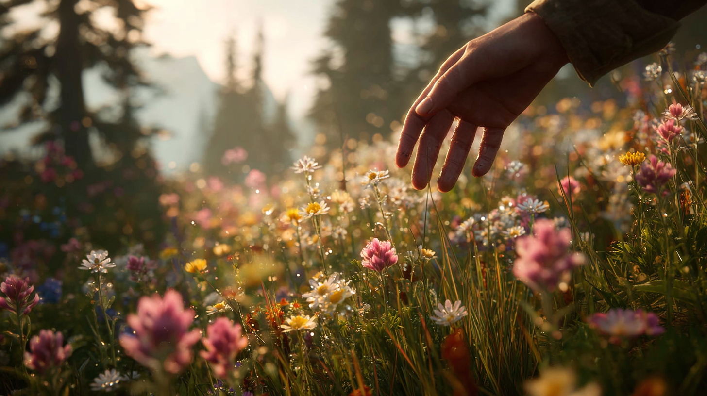 Close-up of a hand touching wildflowers in an alpine meadow.