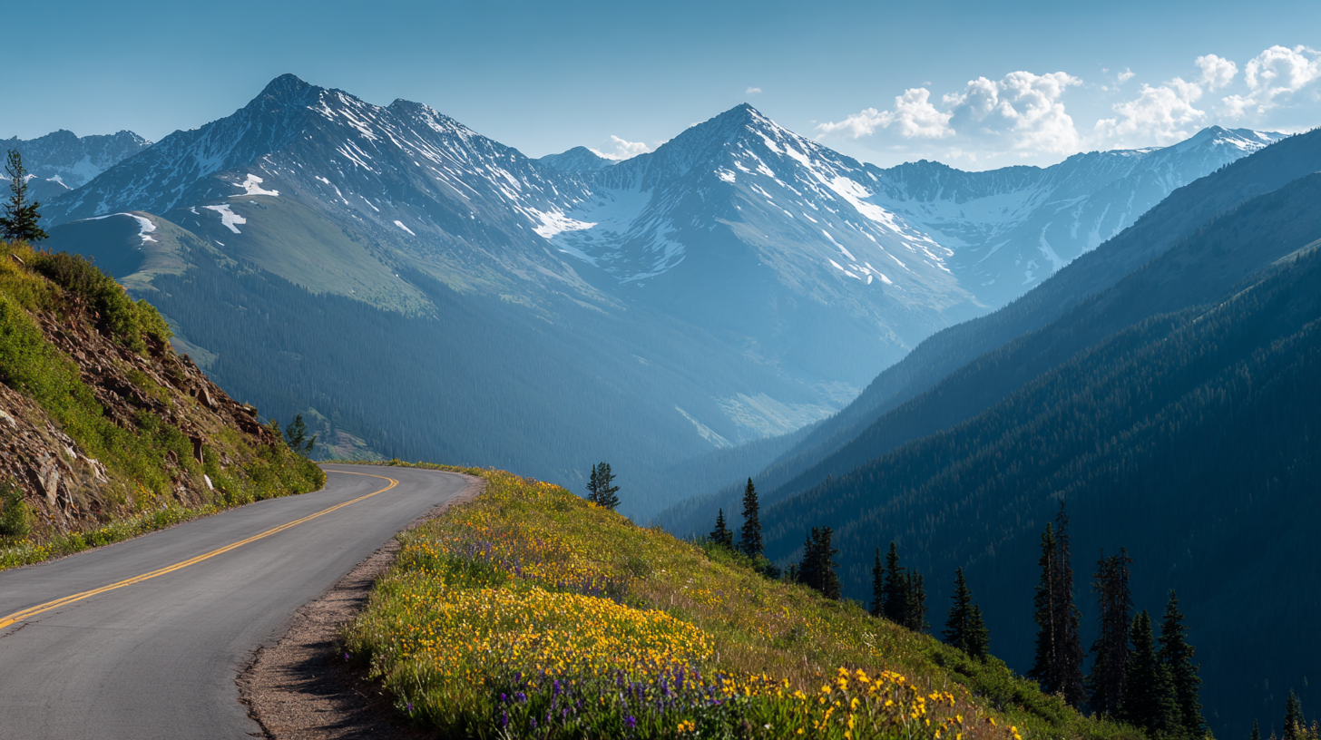 Mountain road curving along ridges under cool morning light.
