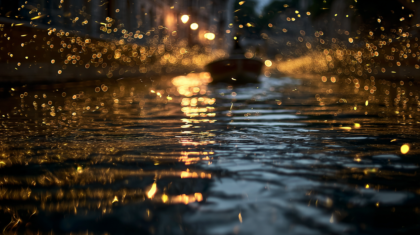 Close-up of glowing fireflies above reflective canal water.