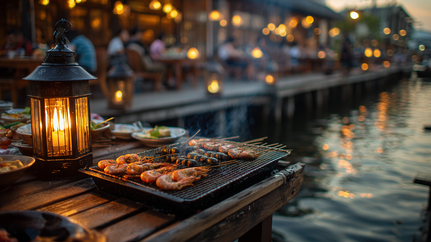 Close-up of steaming seafood with lantern reflections at Amphawa market.