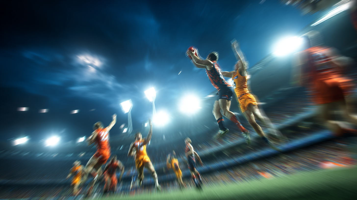 Blurred AFL players jumping under bright evening stadium lights.