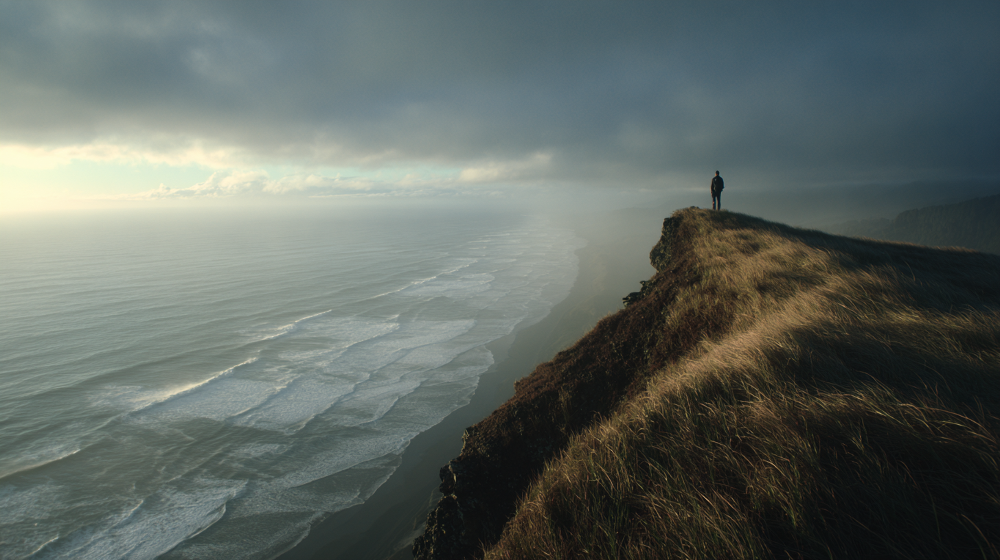 Lone hiker standing on a cliff overlooking the ocean.