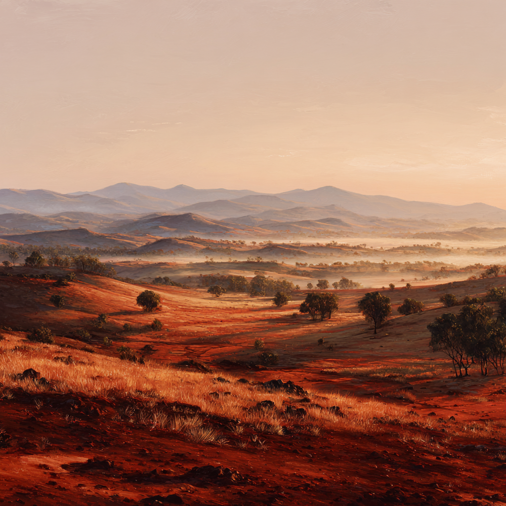 Dawn light spreading across a vast Australian landscape.