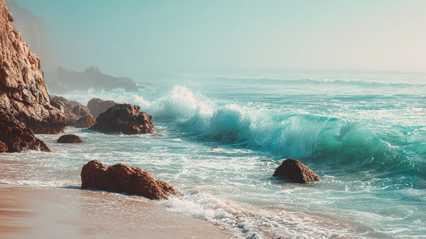 Turquoise waves breaking against pale coastal rock.